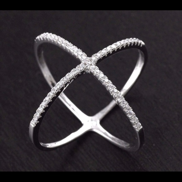 Stamped S925 White Topaz Criss Cross Ring - Picture 2 of 4